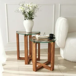 Arabic House Bijzettafel Amalfi Glas/ Set van 2 Walnoot Discount