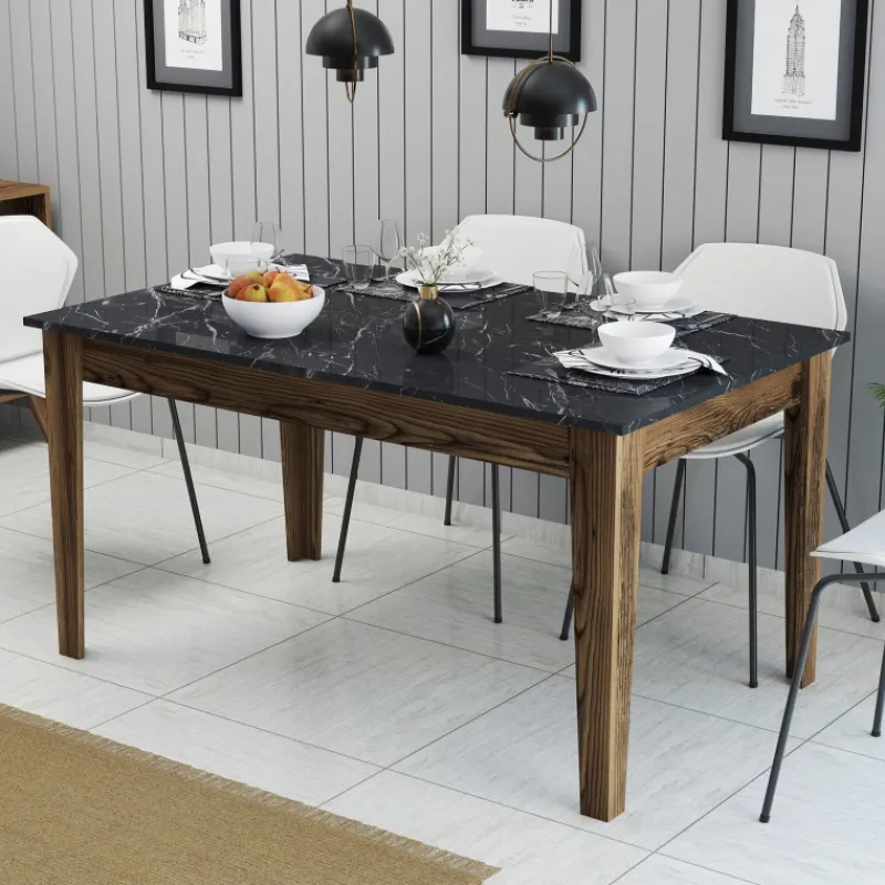 Arabic House Eettafel Milan Marmerlook Zwart/Walnoot met Opbergruimte 145cm Zwart Marmerlook