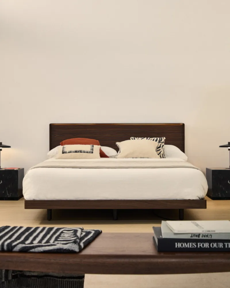 Kave Home Bed Norlen Walnootfineer Bruin en Led-licht voor Matras 180x200cm Sale