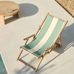 Kave Home Strandstoel Vilara Outdoor Acaciahout met Groen en Beige Strepen Groen/Beige Hot