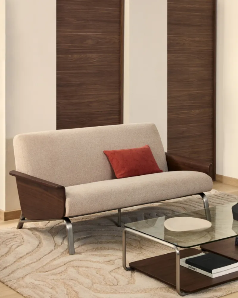 Kave Home 2-zitsbank Amsen Walnoot Multiplex en Geborsteld RVS 150cm