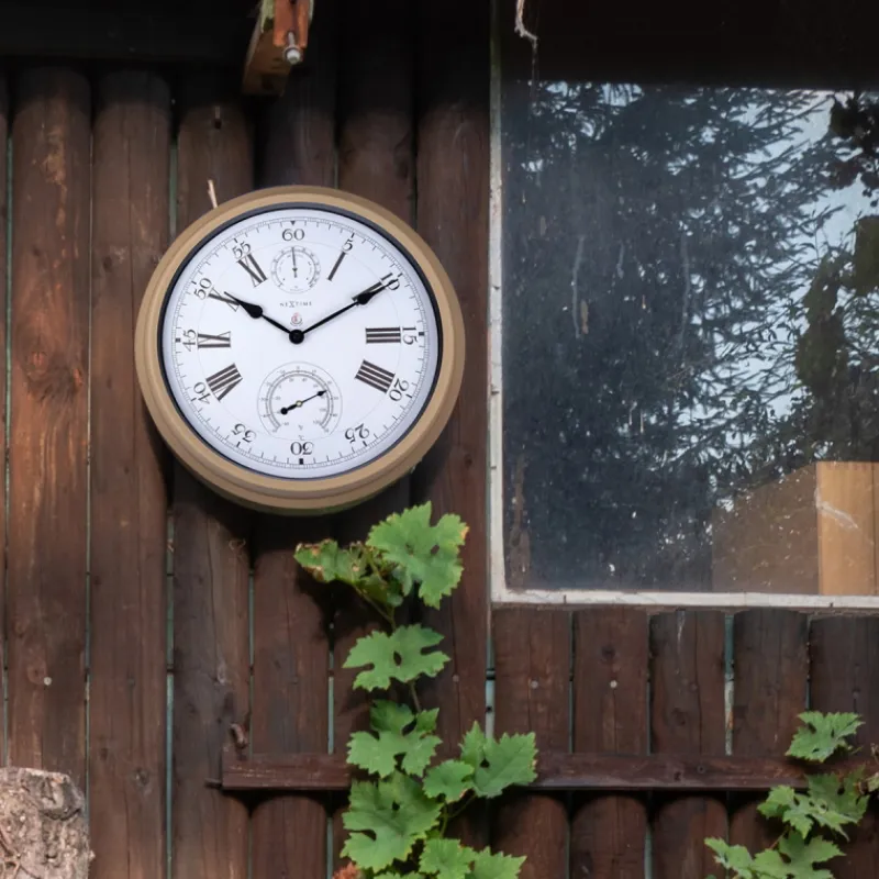 NeXtime Wandklok/Weerstation Hyacinth Numbers Weerbestendig Bruin Ø40cm Outlet