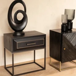 PTMD Nachtkastje Lixly Zwart Wood Iron Frame Bedside