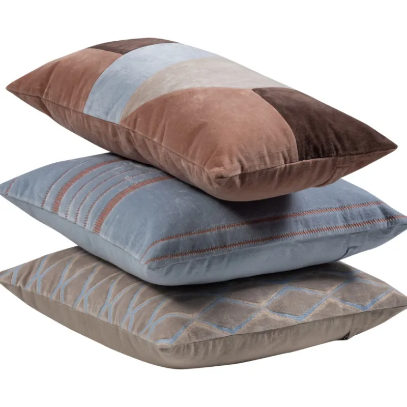 Woood Kussens Laon Velvet Naturel/blauw Set Van 3